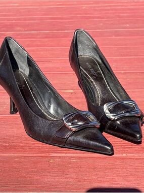 Nine West Black Pointed Toe Pumps with Silver Buckle